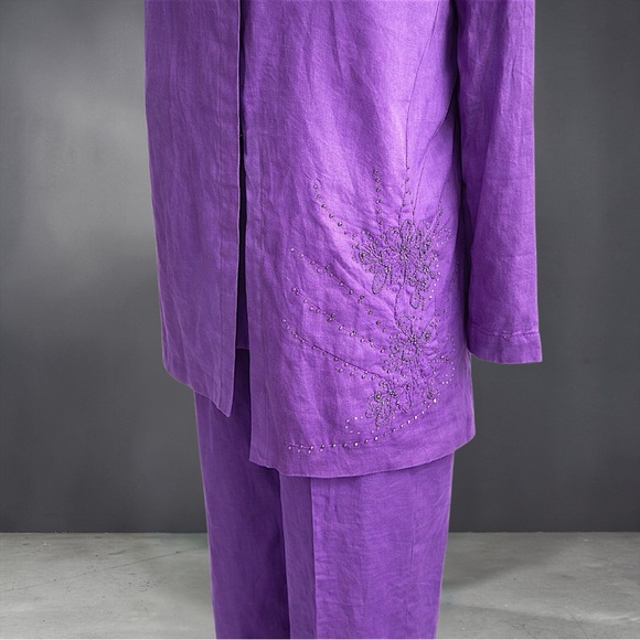 Purple Three-Piece Women's Linen Pant Set with Embroidered Shell and Jacket - Picture 7 of 12